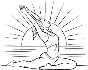 Woman in yoga pose with arms raised in front of a sunburst and water exercise fitness