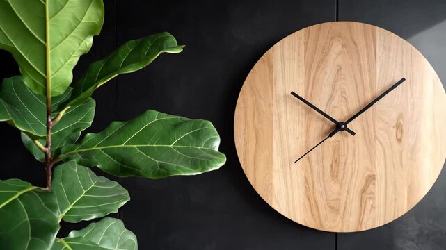 Minimalist wooden round wall clock beside lush green plant and sunlight shadow