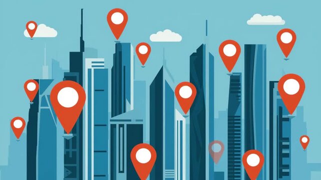 Modern City Skyline with Multiple Location Pins Showing Global Navigation