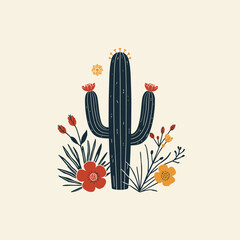 Cute Floral Cactus Illustration with Desert Flowers &ndash; Hand-Drawn Botanical Design