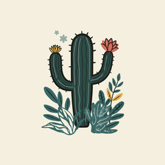 Cute Floral Cactus Illustration with Desert Flowers &ndash; Hand-Drawn Botanical Design
