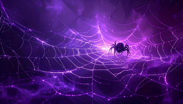 Spooky scene with spider silhouette in its web, set against purple nebula