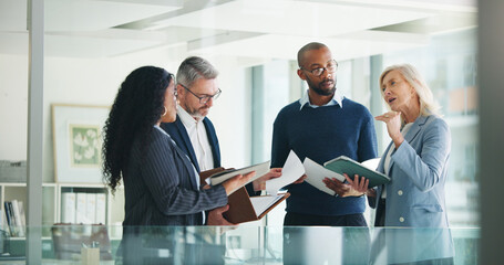 Business, documents and people with meeting discussion for finance trends, policy decision or...
