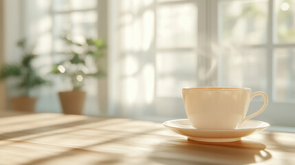 Fototapeta premium Steaming Coffee Cup on Sunny Morning Table with Indoor Plants and Soft Window Light