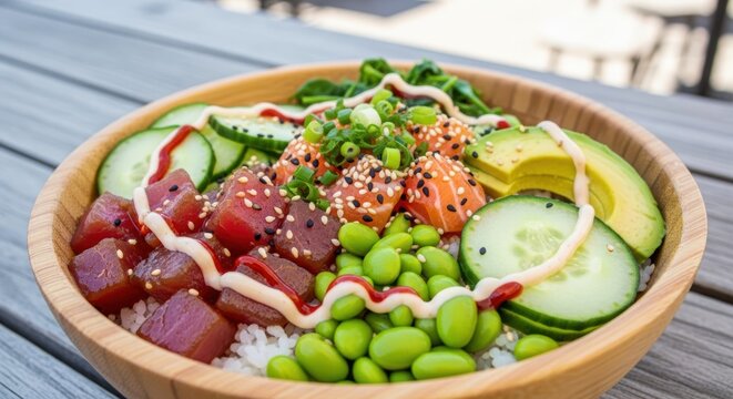Fresh poke bowl with tuna, avocado, and edamame - Powered by Adobe
