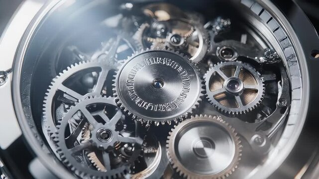 A macro shot of intricate watch gears, detailing mechanics of a time piece