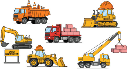 Flat Vector Illustration Set of Construction Site Vehicles Including Dump Truck, Excavator, Bulldozer, Crane, and Front Loader for Industrial Projects. © MstBobita