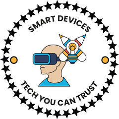 A man wearing a virtual reality headset is shown with a light bulb on his head