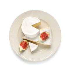 Plate with tasty Camembert cheese and fresh ripe figs isolated on white background, closeup