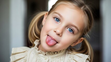 A mischievous and adorable young blonde girl with captivating blue eyes playfully sticks her tongue out, showcasing a moment of pure childhood joy and innocent fun