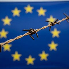 Barbed wire in sharp focus, symbolizing Europe's complex border security, migration control, and the ongoing challenges to continental unity against a blurred backdrop
