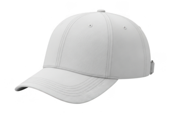 A plain white baseball cap with a curved brim isolated on transparent background