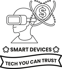 A man wearing a virtual reality headset is shown with a dollar sign in the backg