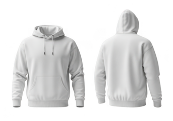 Front and back view of a white hoodie isolated on transparent background