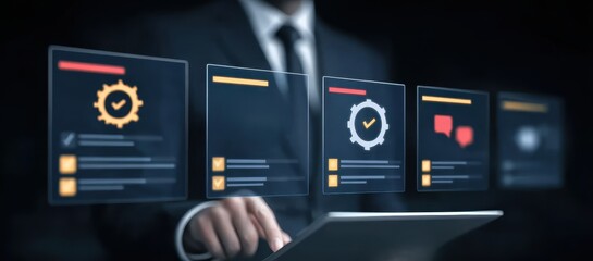 Sunset deck console showing project planning layers operation silhouettes task execution markers and optimization management metrics