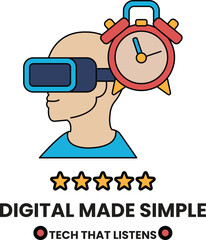 A man wearing a virtual reality headset with a clock on his head