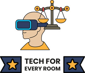 A man wearing a virtual reality headset is shown with a scale and a star