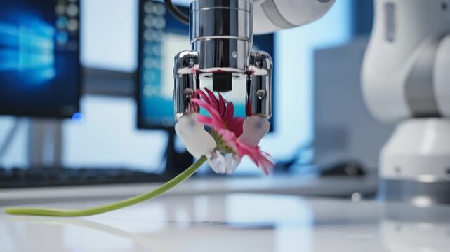 Robot Arm Holding Pink Flower With Delicate Touch, Science and Technology Concept
