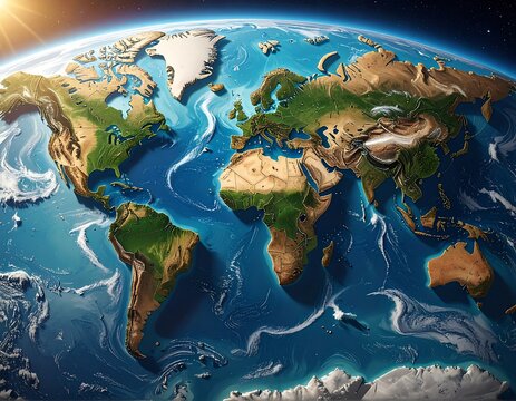 Stylized, detailed globe illustration with vibrant colors and landmass relief - Powered by Adobe