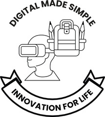 A man wearing a virtual reality headset is holding a backpack