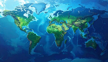 Stylized topographic rendering of planet Earth, oceans, and continents