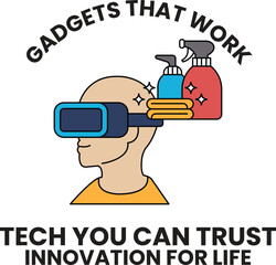 A man wearing a virtual reality headset is shown with a bottle of cleaning spray