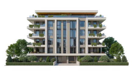 Contemporary apartment building with balconies and greenery isolated on a transparent background