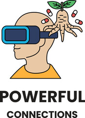 A man wearing a virtual reality headset with a plant on his head