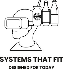 A man wearing a virtual reality headset with a bottle of soda on his head