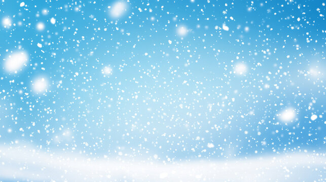 Gentle snowfall against a clear blue winter sky, evoking calm, serenity, purity, and seasonal beauty, capturing the quiet magic and peaceful atmosphere of a crisp winter day.
