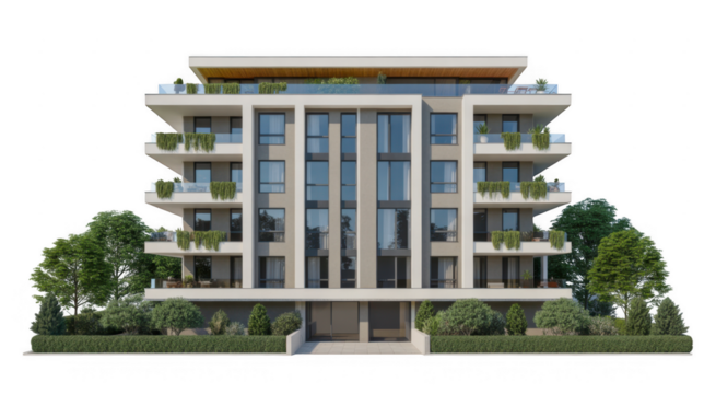Contemporary apartment building with balconies and greenery isolated on a transparent background