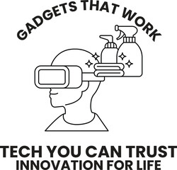 A man wearing a VR headset is shown with a bottle of cleaning spray