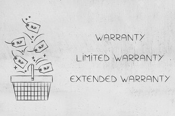warranty options and buy labels falling into shopping cart illustration for ecommerce