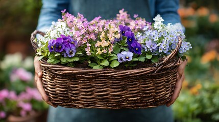 Beautiful colorful spring flower bouquet in a decorated basket