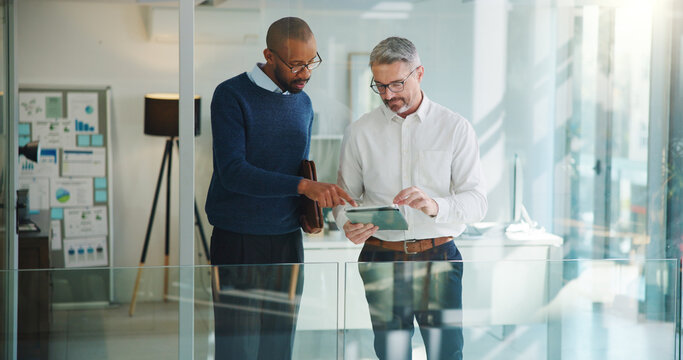 Tablet, team and reading with business people in office for key account manager, roi project and planning. Funding review, budget admin and digital report with employees in agency as advisor