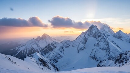 Fototapeta premium Pastel Sunrise Over Snow-Covered Mountains – Peaceful Winter Panorama