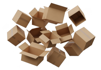 A collection of cardboard boxes scattered in a dynamic arrangement isolated on transparent background