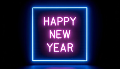 Vibrant Happy New Year neon sign with a glowing blue frame and purple text on a dark reflective background, symbolizing a futuristic celebration