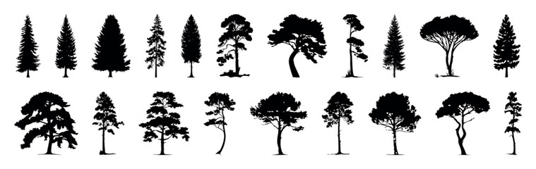 Flat vector trees set. Tree icons are set in a modern flat style. Vector silhouette of tree on white background. graphic trees elements, Architecture and Landscape Design: Vector Illustration of Green