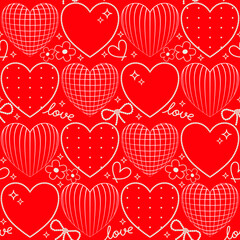 Valentine's Day Geometric Wireframe and Doodle Hearts Seamless Pattern. Red Love Background with Wire Grid Hearts, Pearl Frame Hearts and Ribbons.