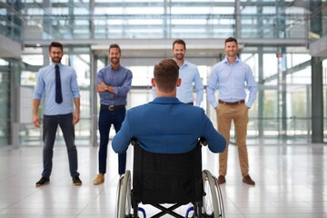 Man in Wheelchair Facing Team of Business Professionals in Modern Office