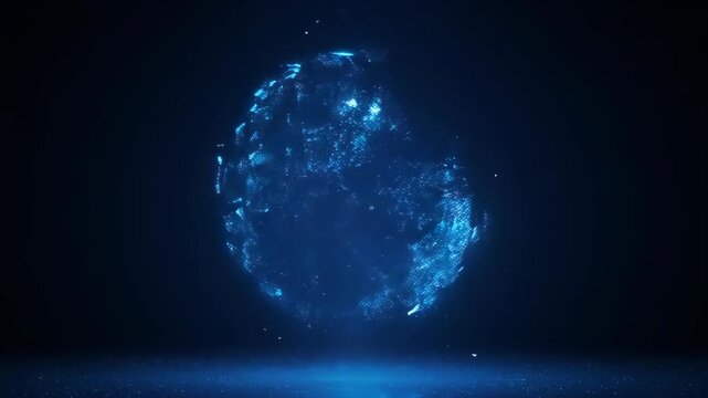 A luminescent globe floats in a dark space, illuminated by city lights