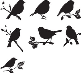 Set of black birds silhouettes on the branches sitting 
