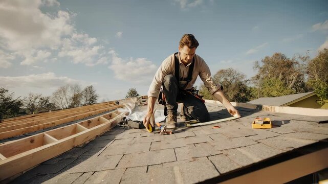 Roofer at Work: Constructing a Roof Under a Sunny Sky