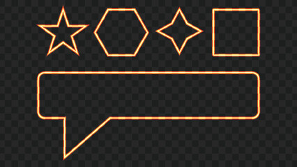 Neon shapes: star, hexagon, diamond, square, and speech bubble on a transparent background.