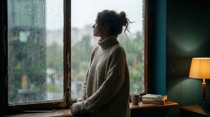 Contemplative woman by rainy window