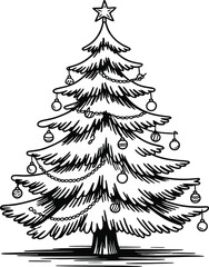 Obraz premium Black and white line drawing of a decorated Christmas tree