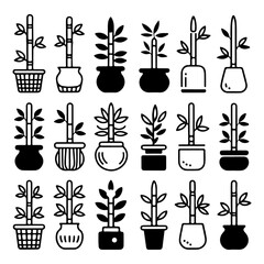 Potted Plant Icon Set – Black Silhouette Plants in Various Pots