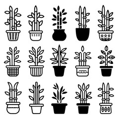 Potted Plant Icon Set – Black Silhouette Plants in Various Pots
