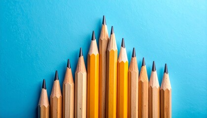 Symmetrical pencil pyramid on blue background.